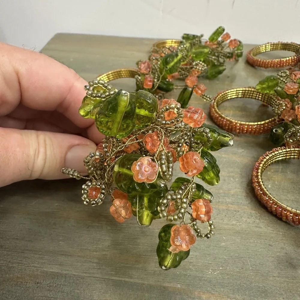 Lot of 8 Beaded Napkin Rings Peach Flowers Green Leaves Flower Spray